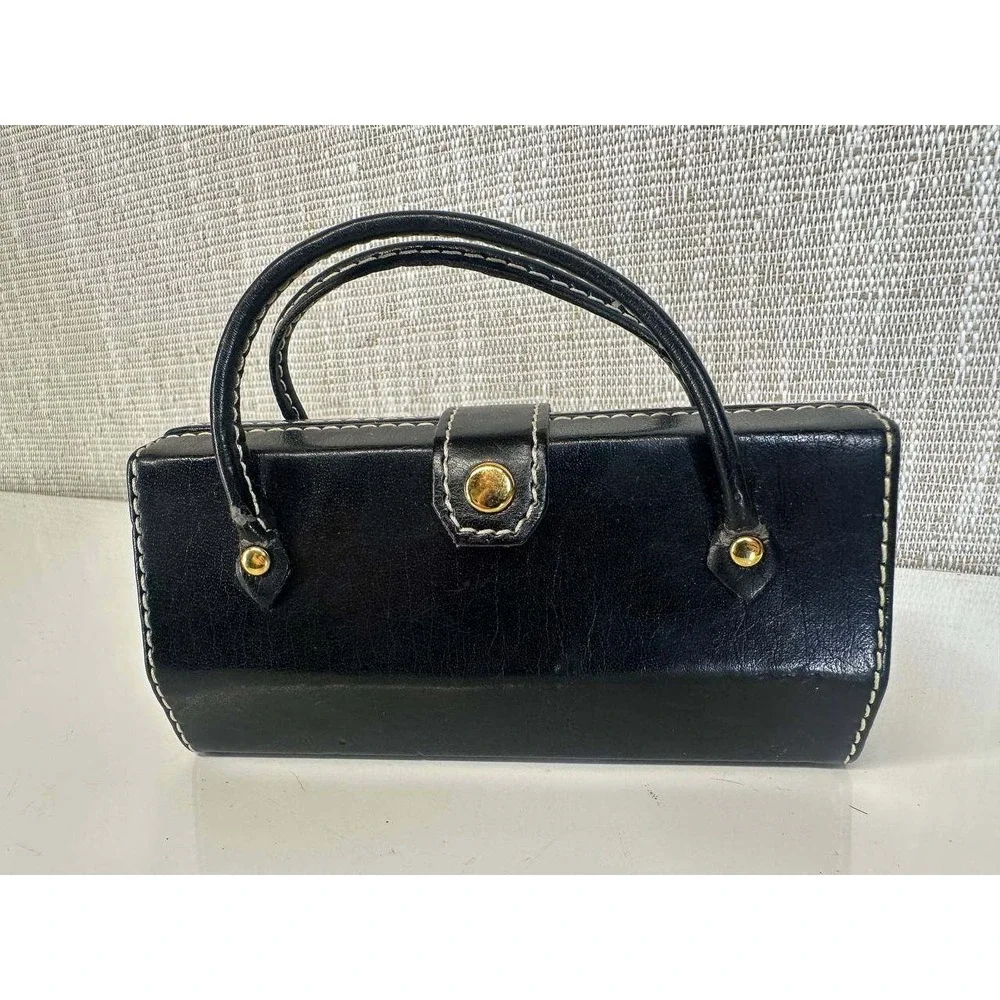 Vintage Black Leather Rigid Box Clutch Bag Gold Hardware - 039-1 (118)